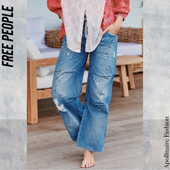 FREE PEOPLE MODERN LOVE PULL ON JEANS BLUE MOTIF PAINT SPLATTER MEDIUM NEW - Picture 5 of 8